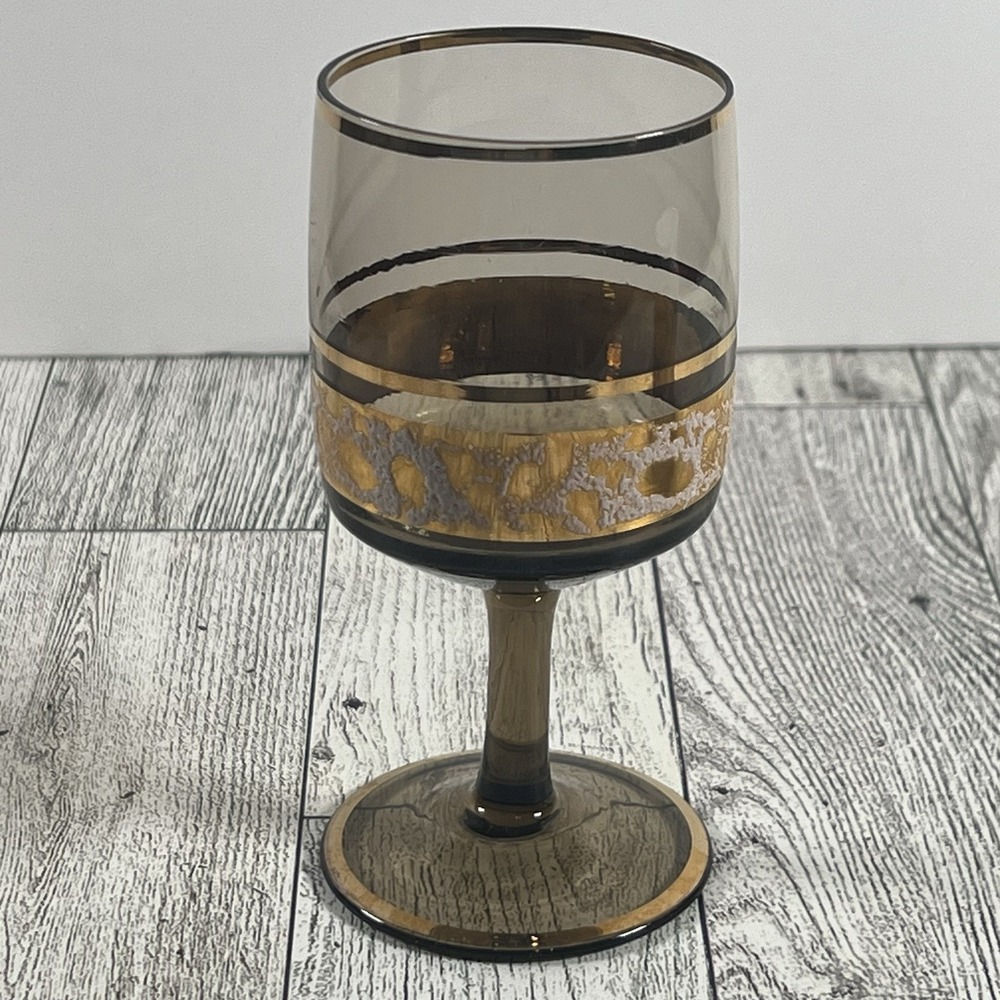 Vintage Bohemia Crystal Wine Glass Brown Gold Band Made in Czechoslovakia Goblet